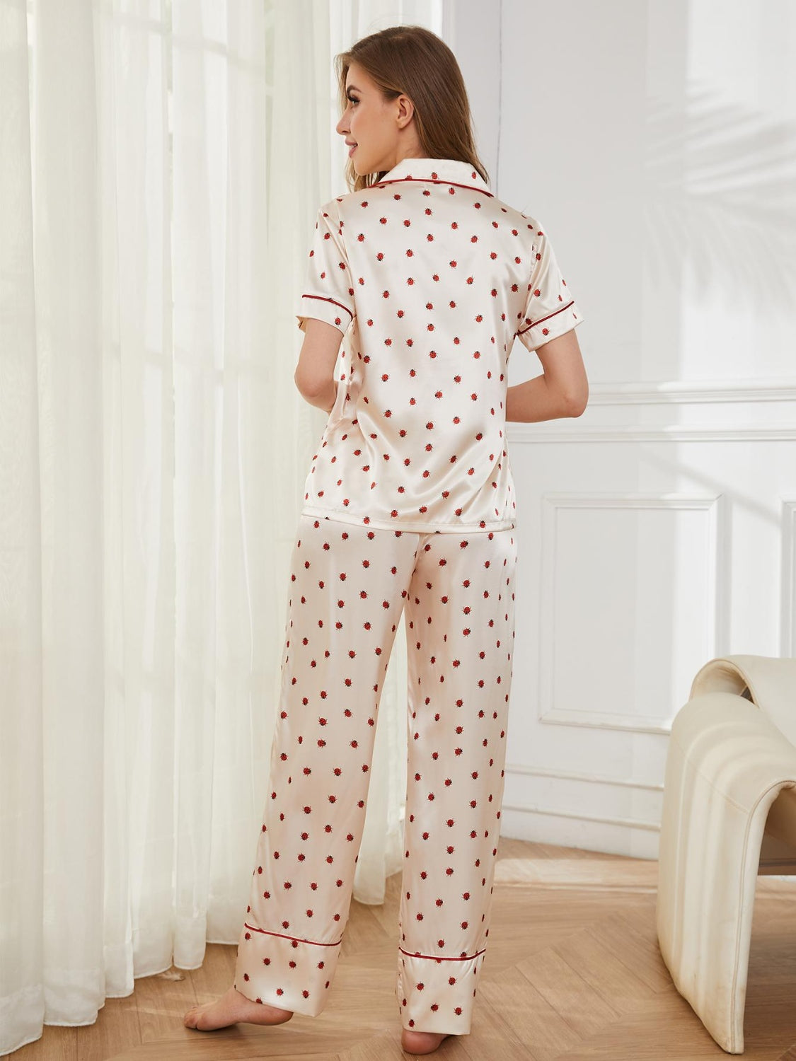 Women's Contrast Piping Pocketed Top and Pants Pajama Sleepwear Set