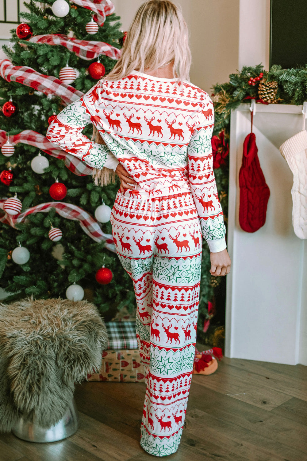 Women Christmas Element Round Neck Two Piece Pants Pajama Sleepwear Set