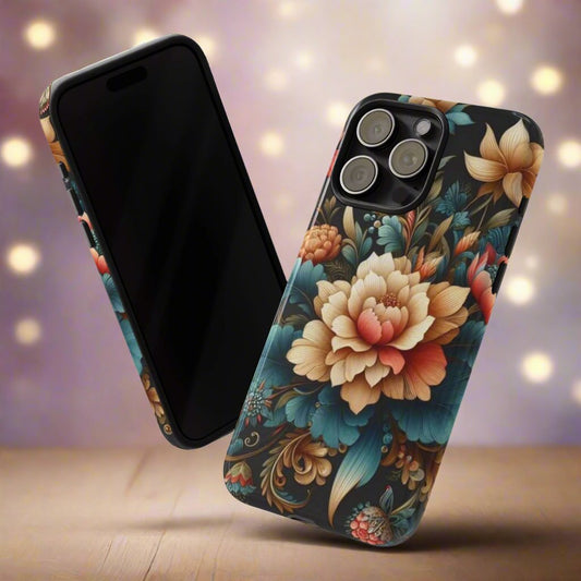 Black Background Floral Phone Tough Case