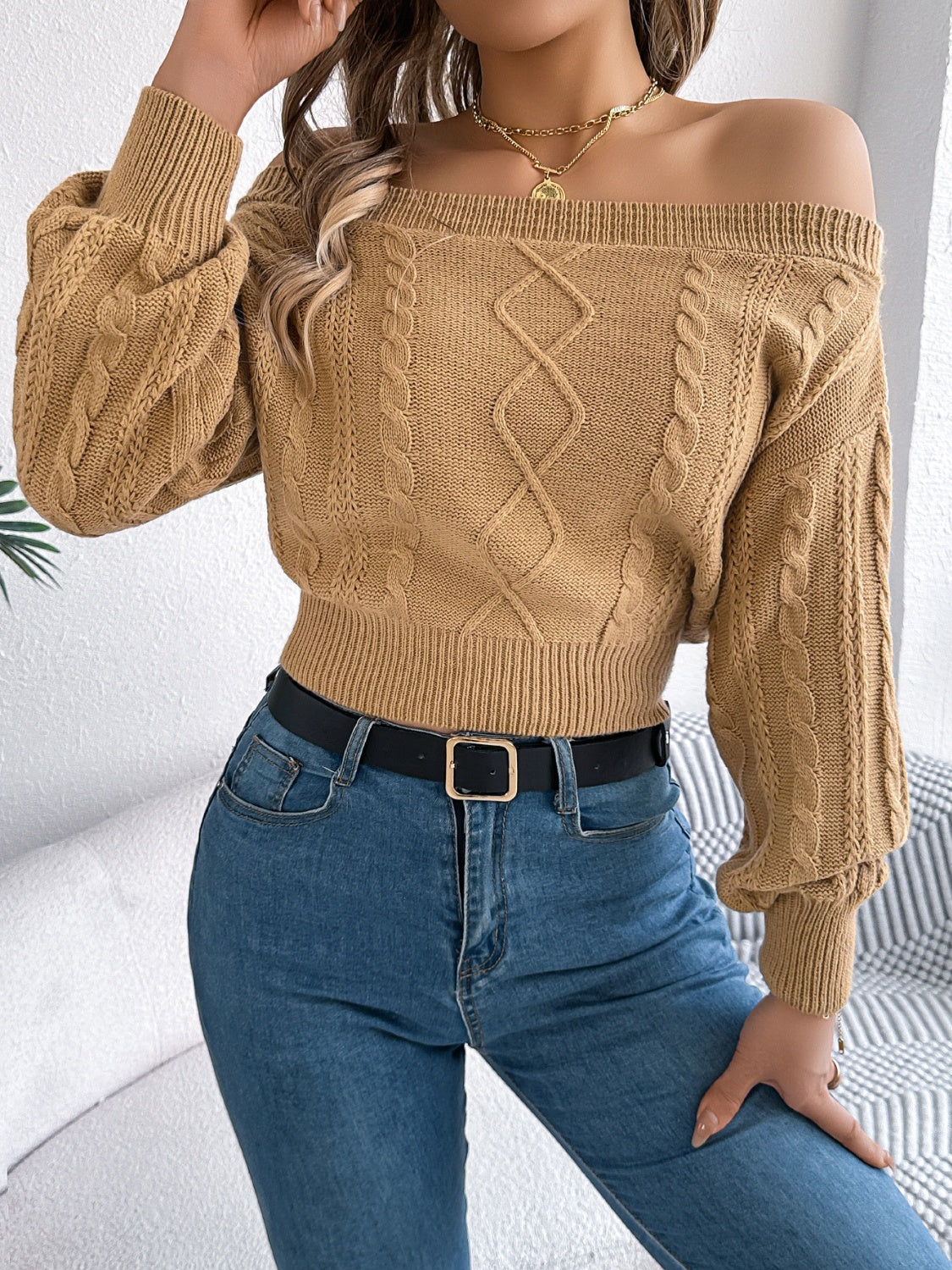 Women's Cable Knit Off-Shoulder Long Sleeve Sweater