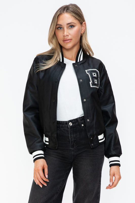 Women's  PU Leather Contrast Snap Down Bomber Jacket Top