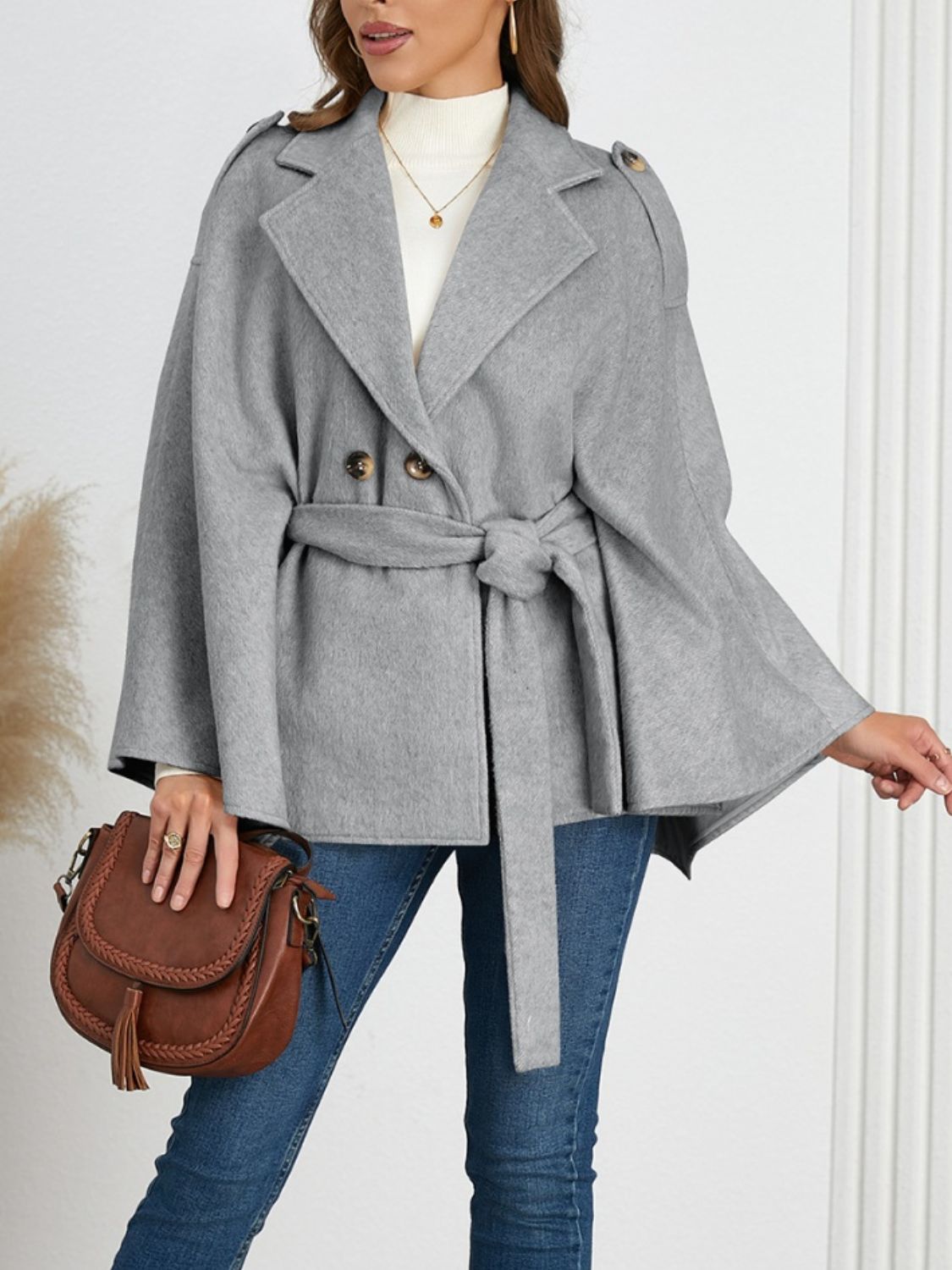 Women's Double-Breasted Tie Waist Poncho Jacket