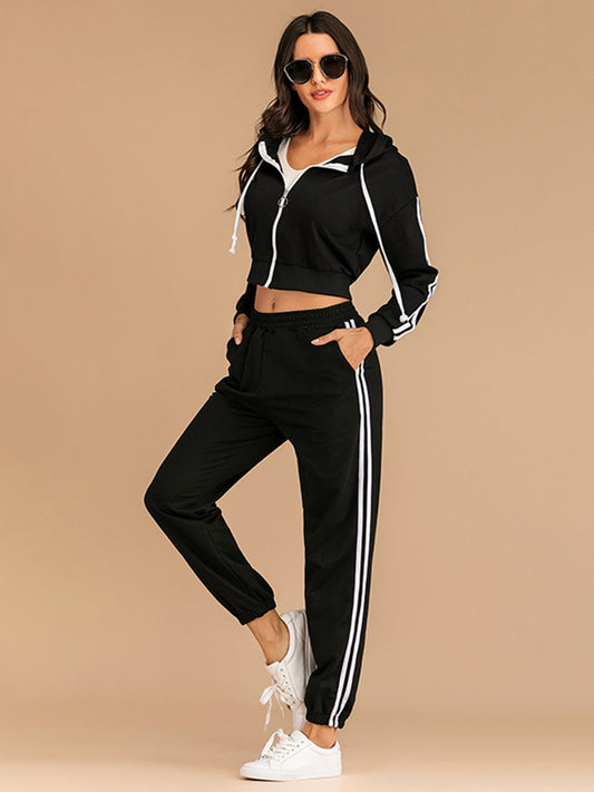 Women's  Drawstring Side Stripe Zip Up Hooded Top and Pants Lounge Set