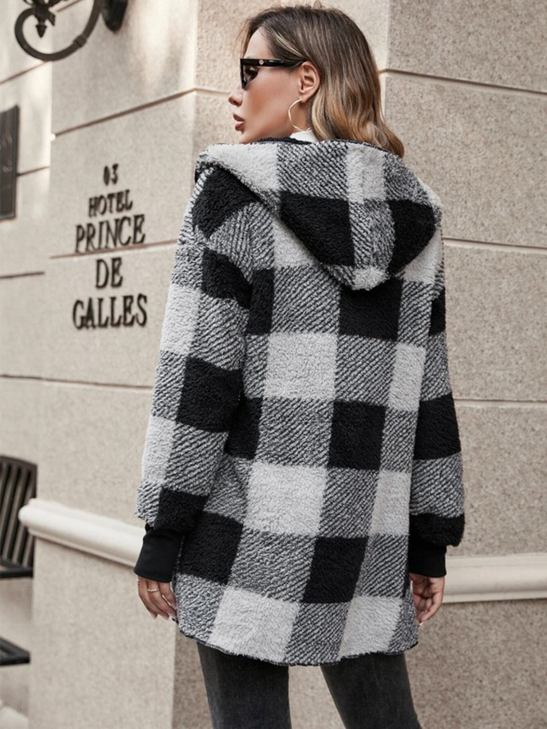 Women's Plaid Long Sleeve Hooded Coat