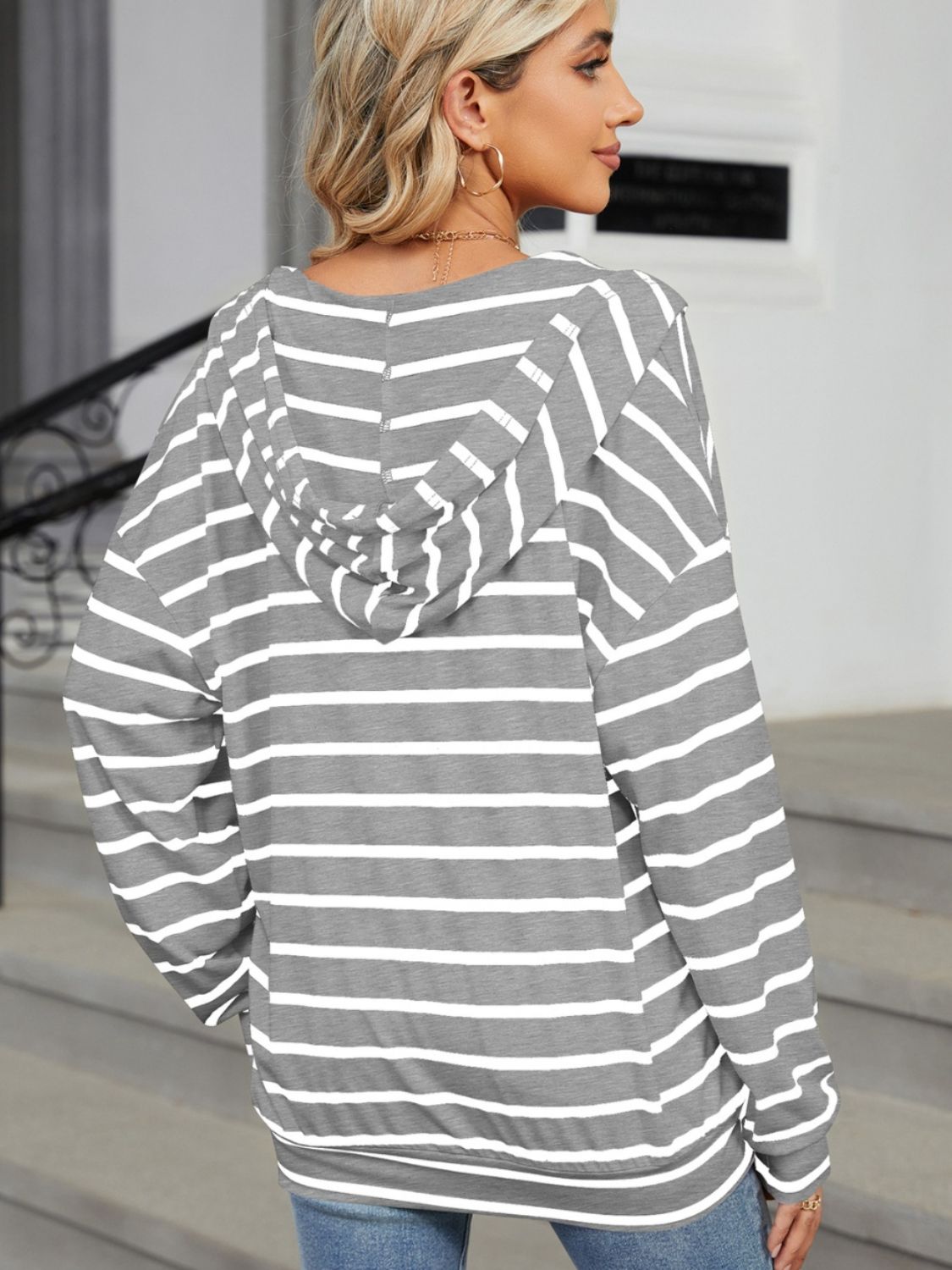 Women's Drawstring Striped Long Sleeve Hoodie