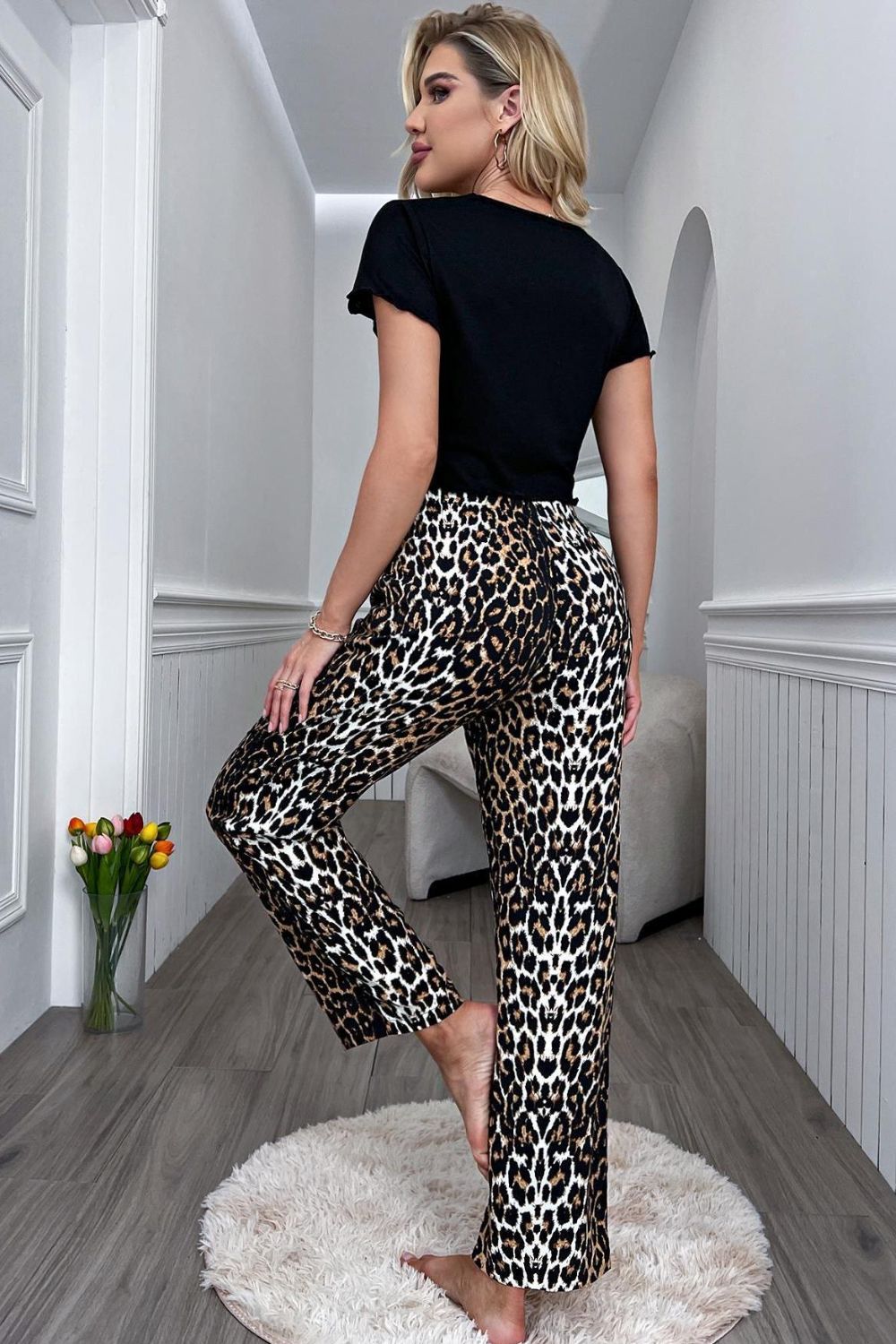 Women's Trim Cropped Shirt and Leopard Pants Lounge Sleepwear Set