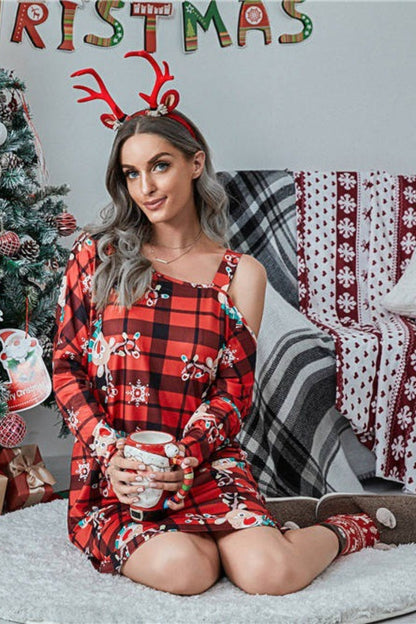 Women's Christmas Asymmetrical Neck Long Sleeve Sleepwear Lounge  Dress