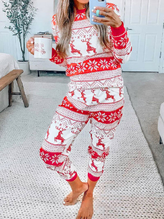 Women's  Christmas Element Round Neck Top and Pants Pajama Set