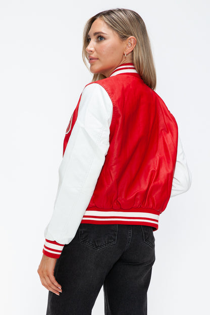 Women's PU Leather Contrast Snap Down Bomber Jacket