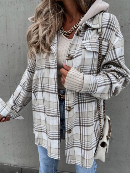 Women's Plaid Button Up Jacket with Removable Hood