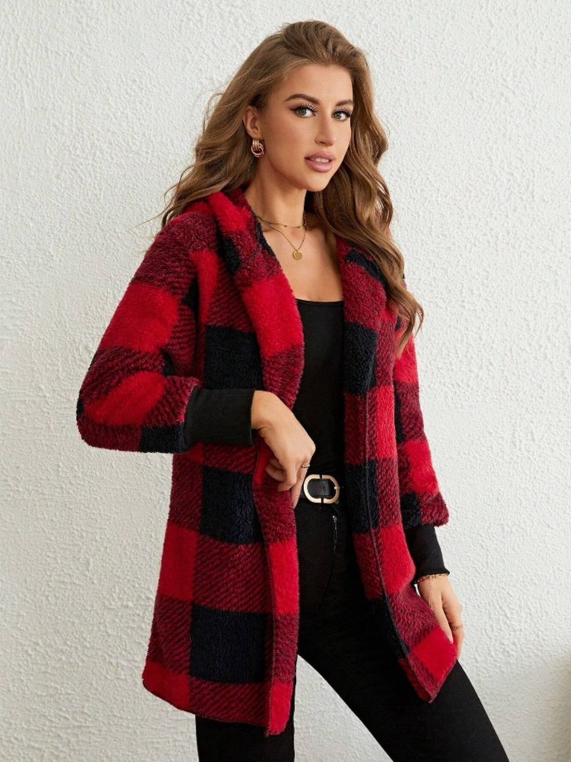 Women's Plaid Long Sleeve Hooded Coat