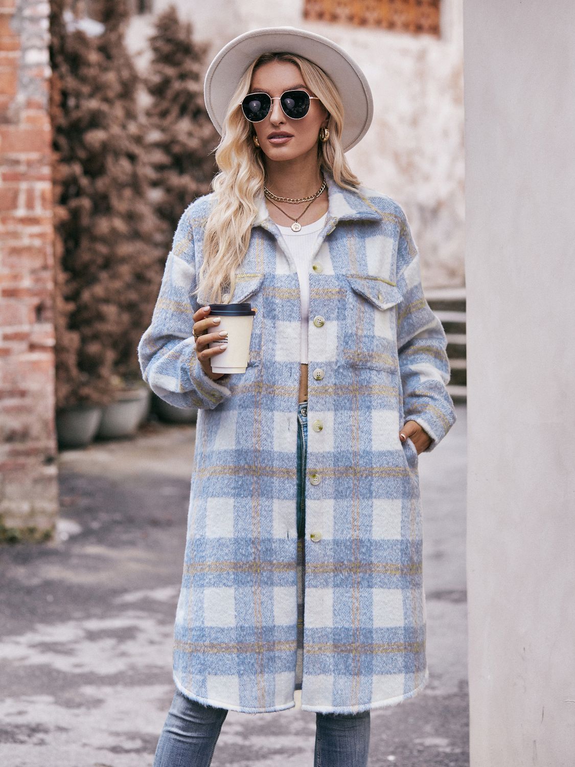 Women's Mandy Plaid Dropped Shoulder Slit Coat