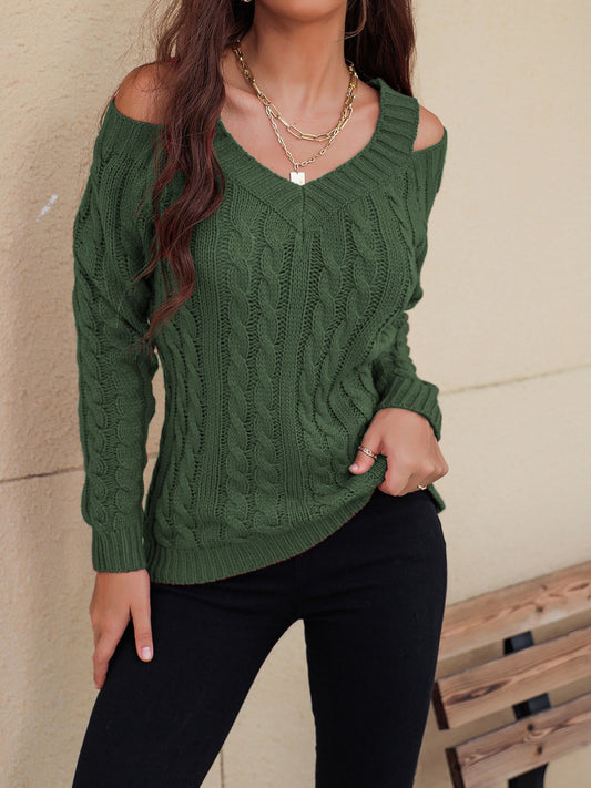 Women's Cable-Knit V-Neck Cold Shoulder Sweater