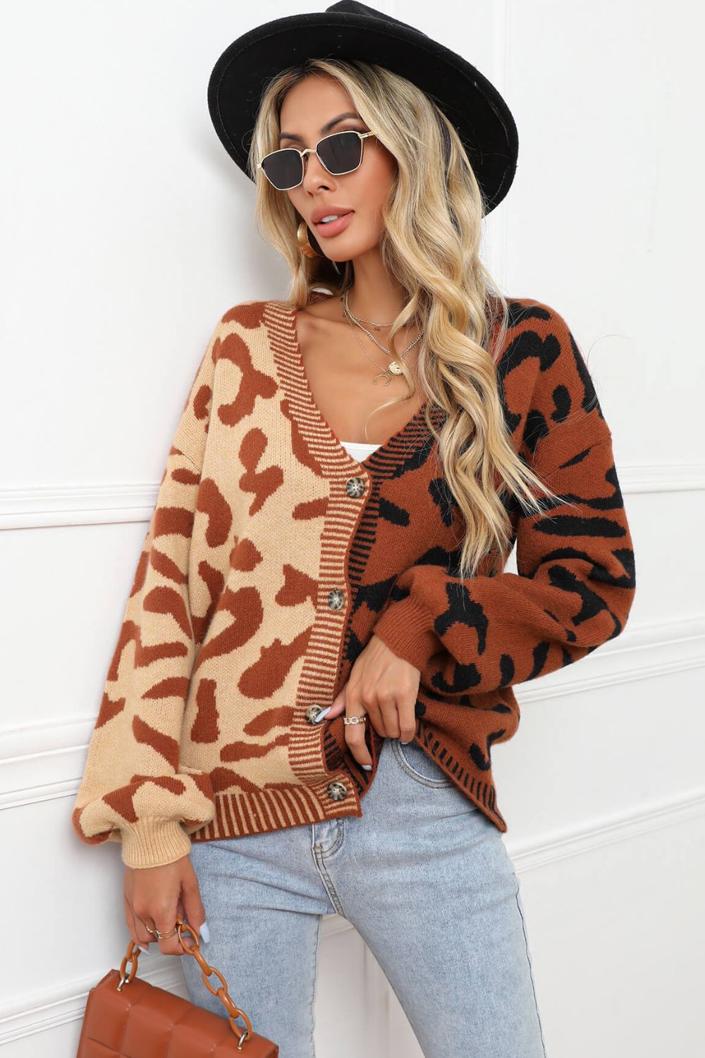 Women's Leopard Button Front Ribbed Trim Cardigan