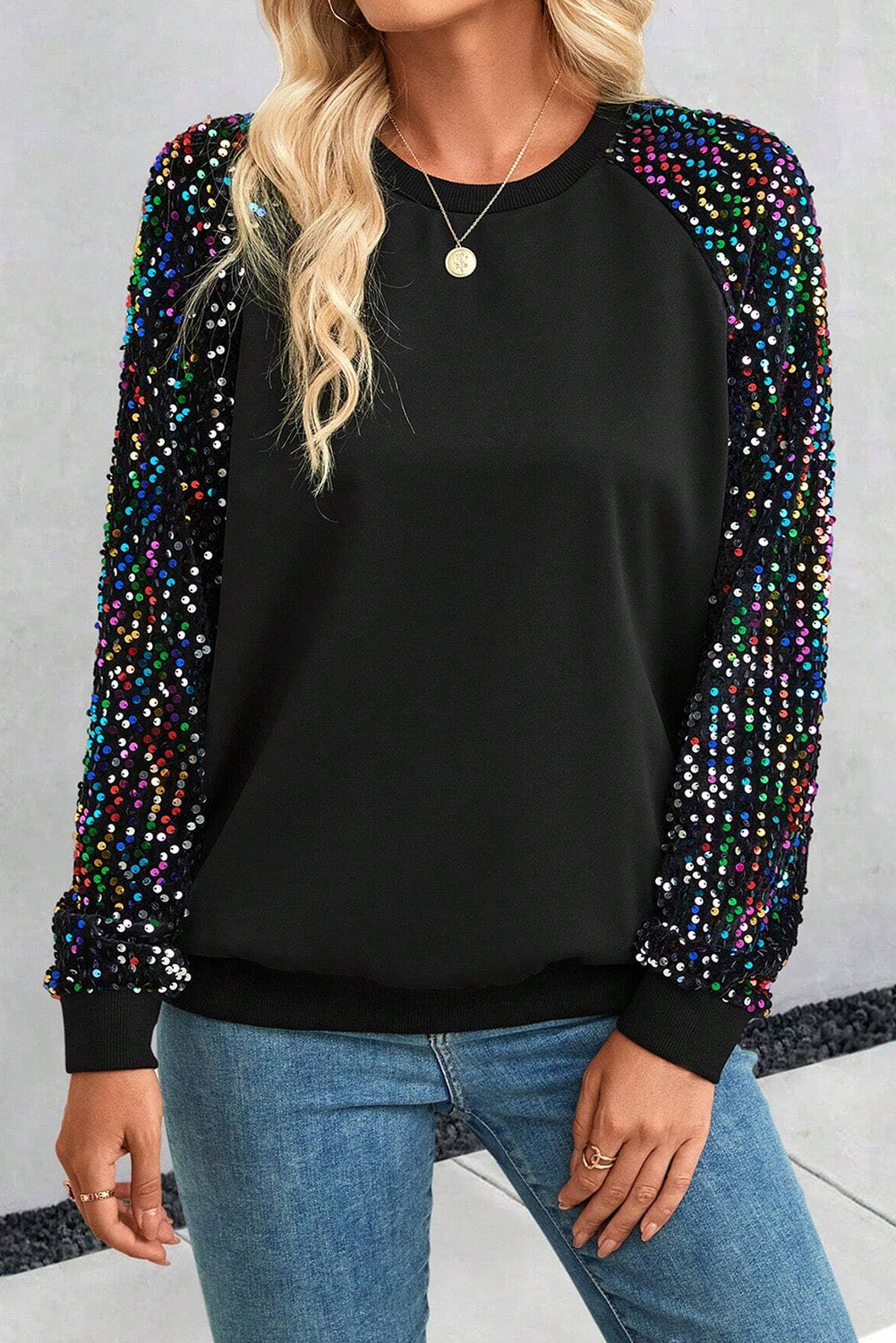 Women's Sequin Round Neck Long Sleeve Blouse