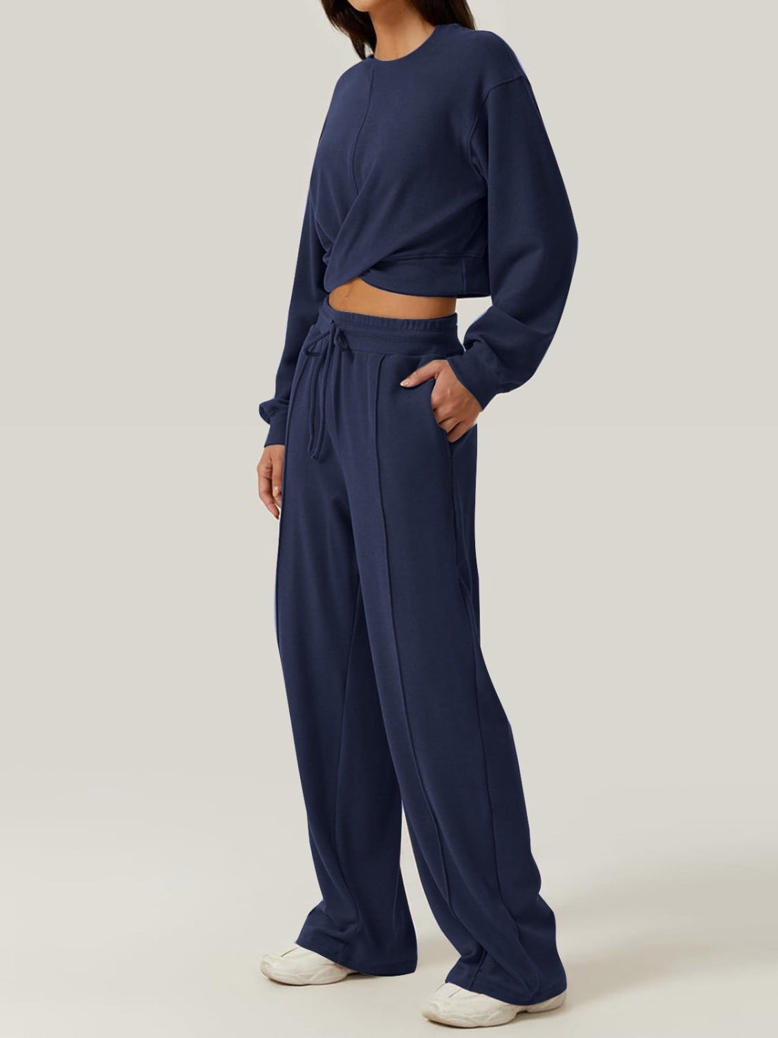 Women's Crisscross Round Neck Top and Drawstring Pants Lounge  Set