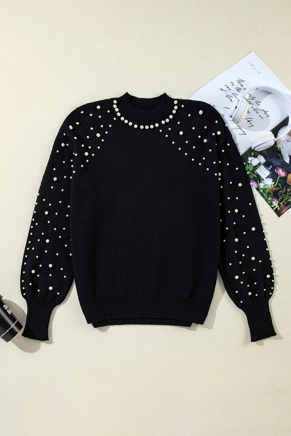 Women's Pearl Detail Mock Neck Long Sleeve Sweater