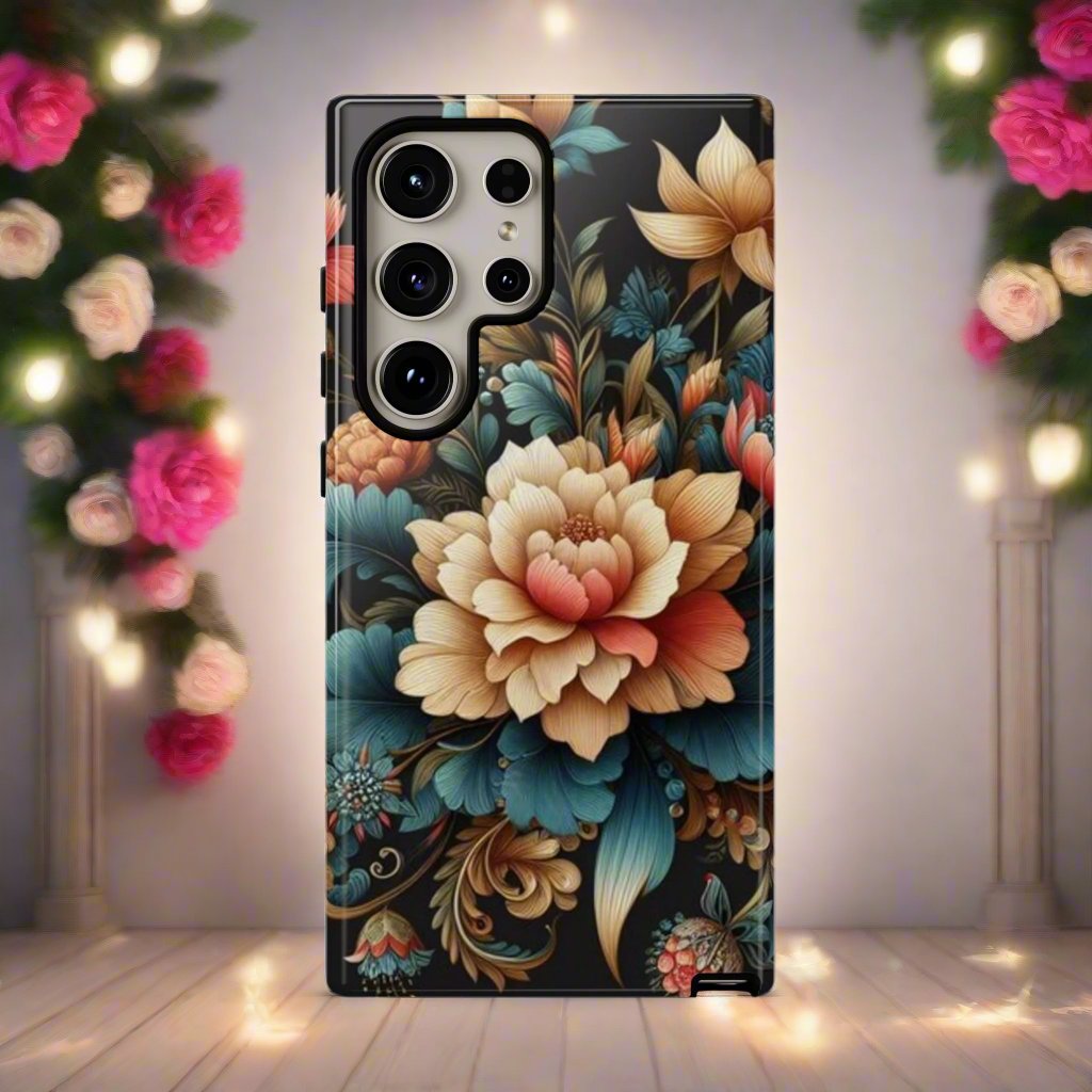 Black Background Floral Phone Tough Case