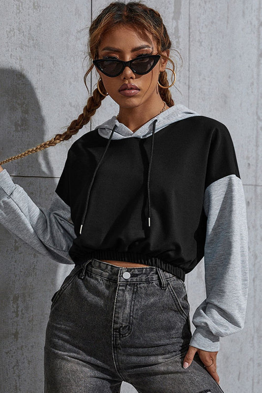 Women's Contrast Long Sleeve Cropped Hoodie Top