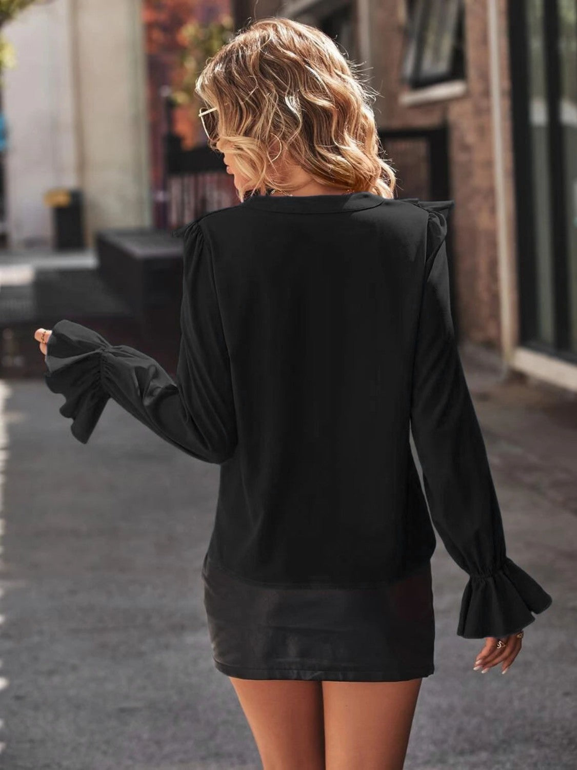 Women's Ruffled V-Neck Flounce Sleeve Shirt