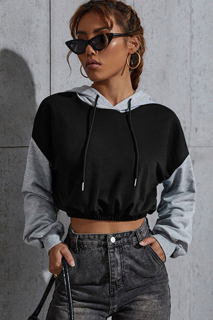 Women's Contrast Long Sleeve Cropped Hoodie Top