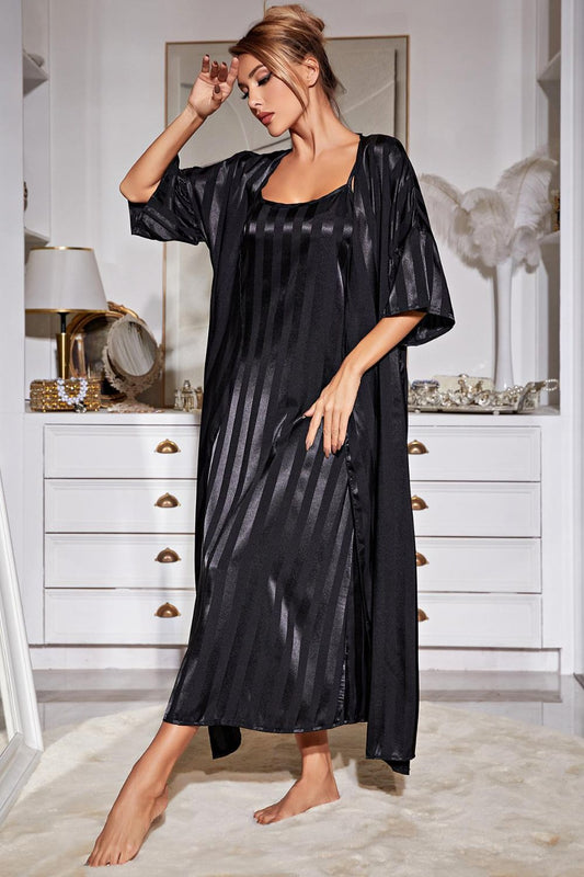 Women's Striped Flounce Sleeve Open Front Robe and Cami Dress Nightgown Sleep Set