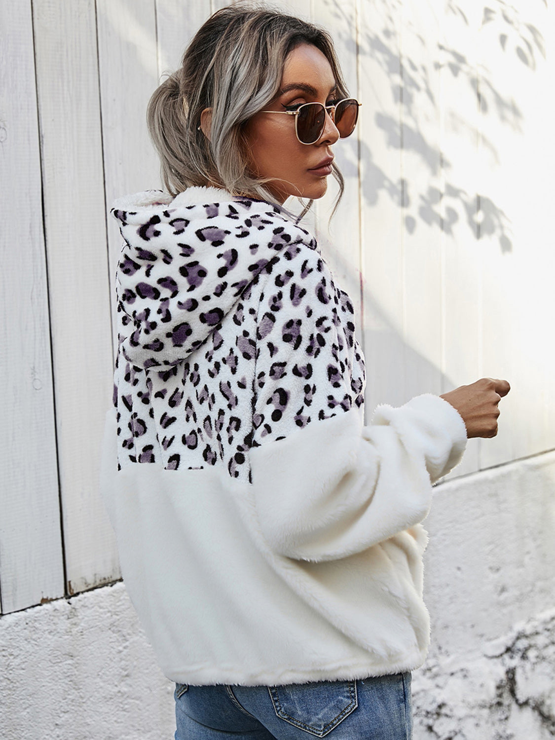 Women's  Leopard Half-Zip Dropped Shoulder Hoodie