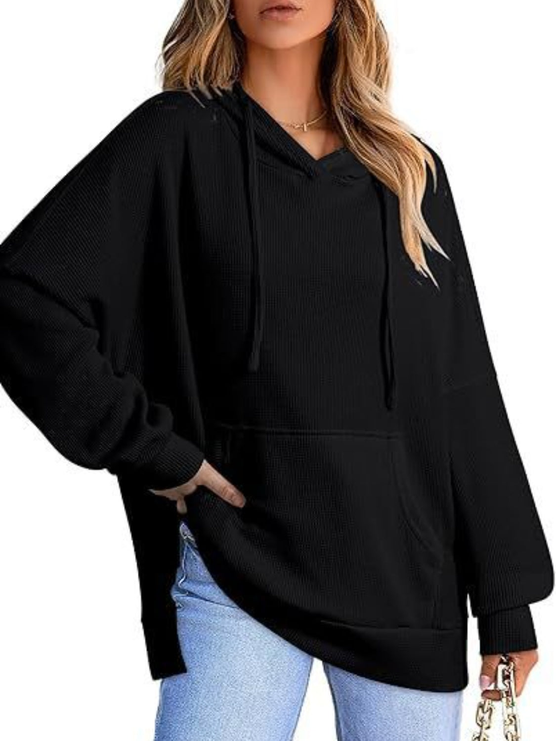 Women's Drawstring Slit Long Sleeve Hoodie