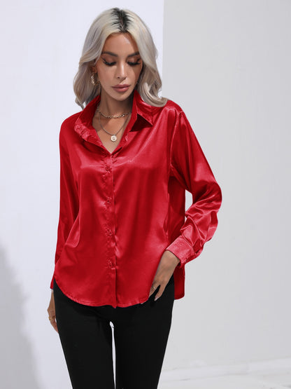 Women's Collared Neck Buttoned Long Sleeve Shirt