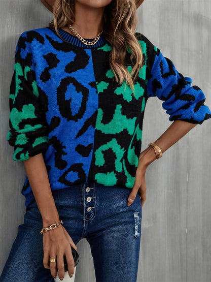 Women's Multi Color Leopard Crew Neck Long Sleeve Sweater