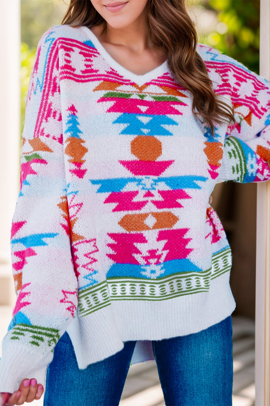 Women's Geometric V-Neck Long Sleeve Sweater