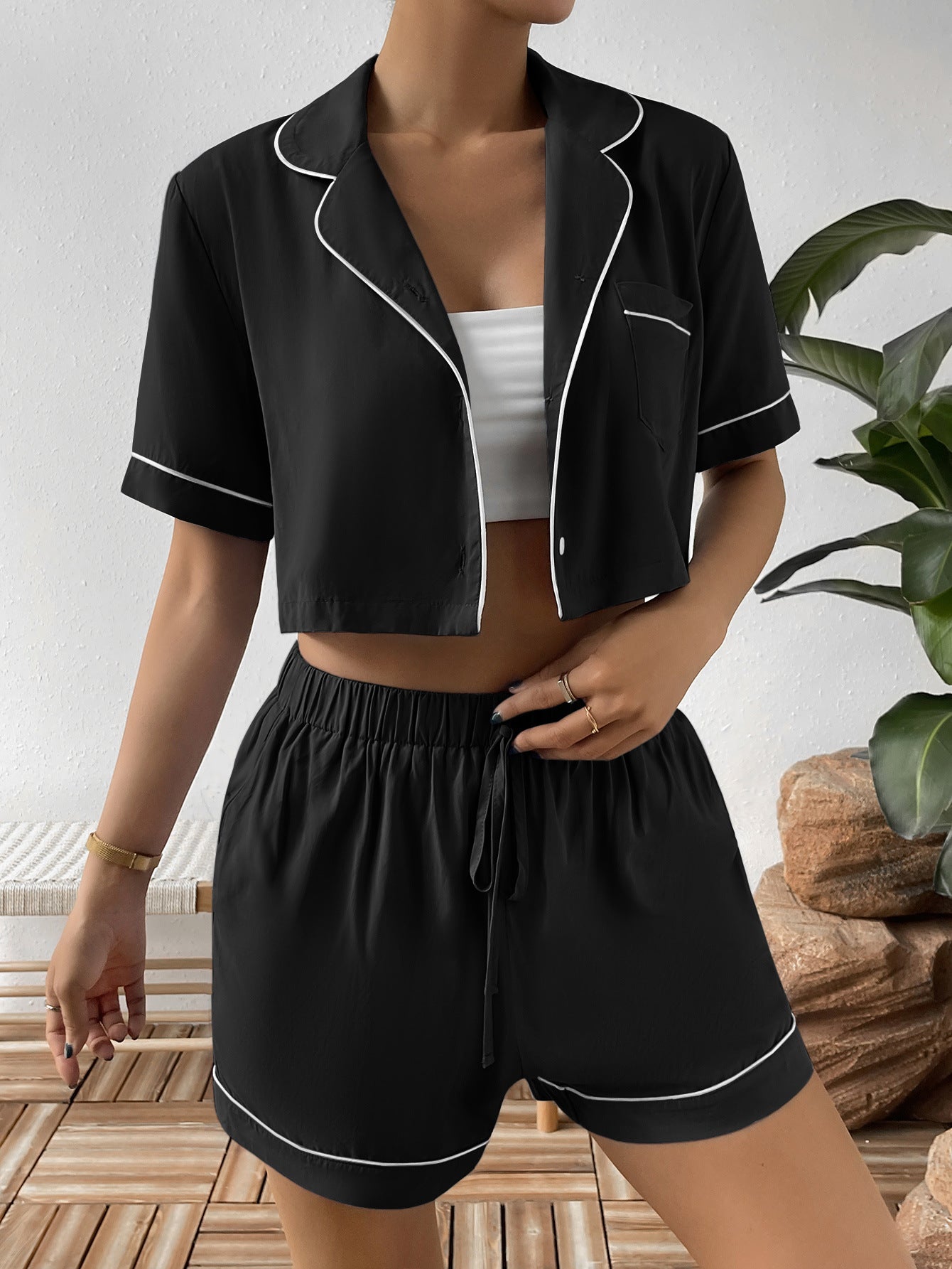 Women's  Contrast Lapel Collar Cropped Shirt and Shorts Lounge Set