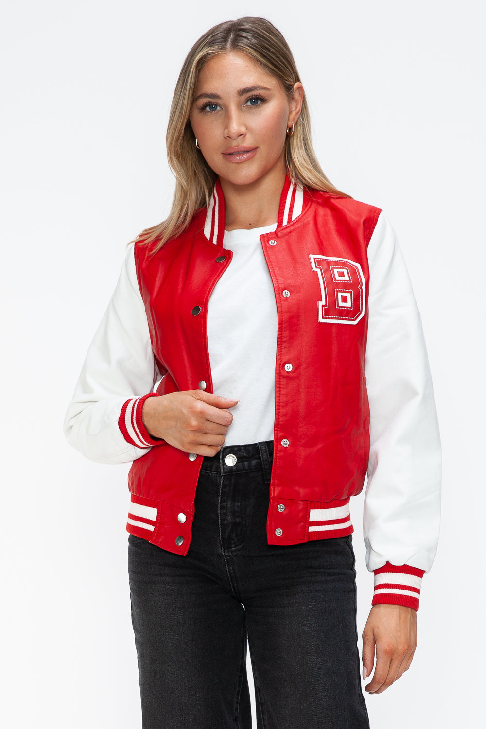 Women's PU Leather Contrast Snap Down Bomber Jacket