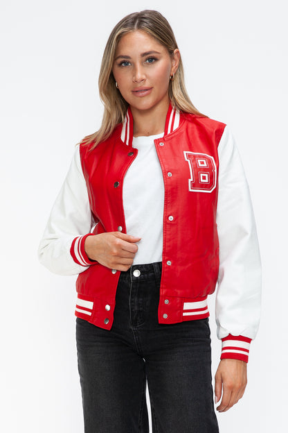 Women's PU Leather Contrast Snap Down Bomber Jacket