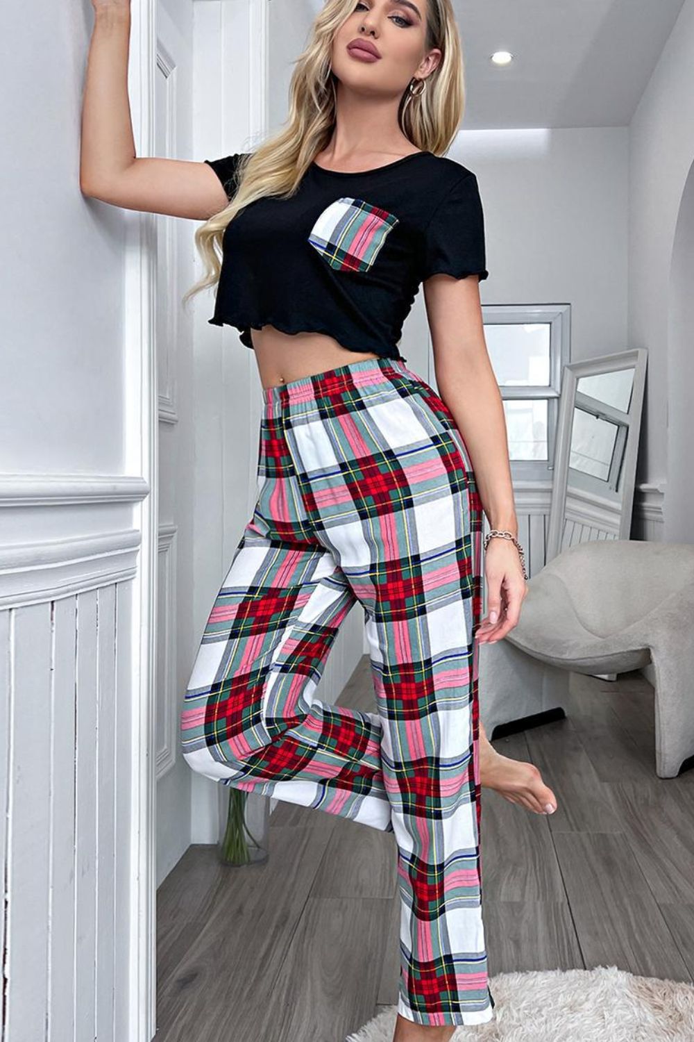 Women's Trim Cropped T-Shirt and Plaid Pants Pajama Sleepwear  Set