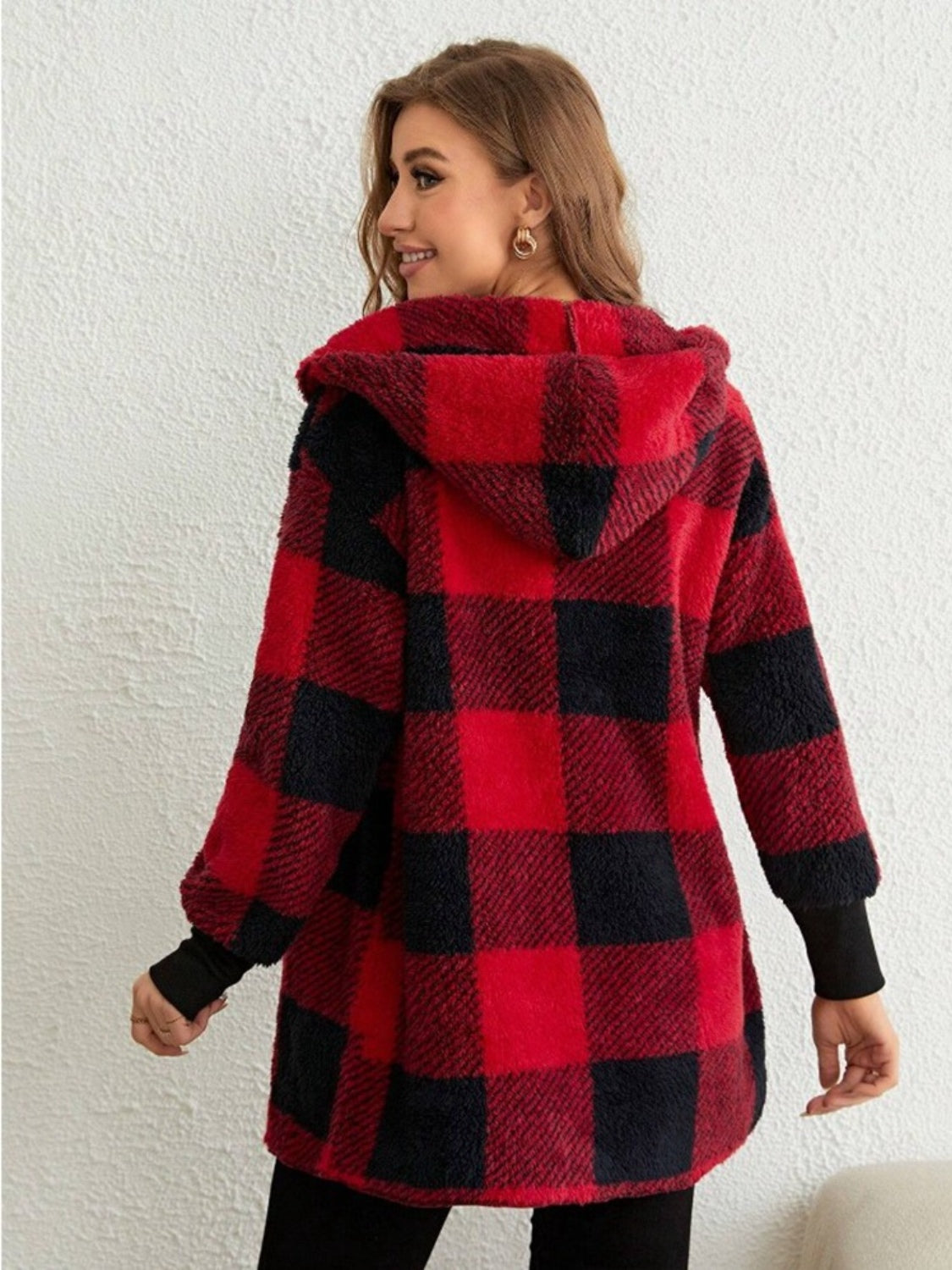 Women's Plaid Long Sleeve Hooded Coat