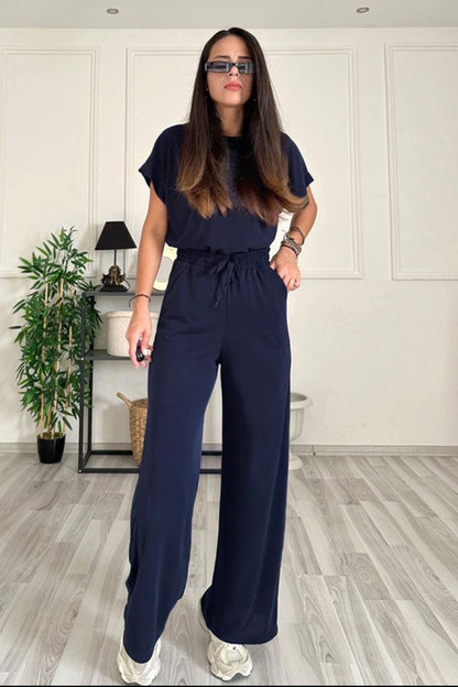 Women's Crew Neck Short Sleeve Top and Drawstring Pants Lounge Set