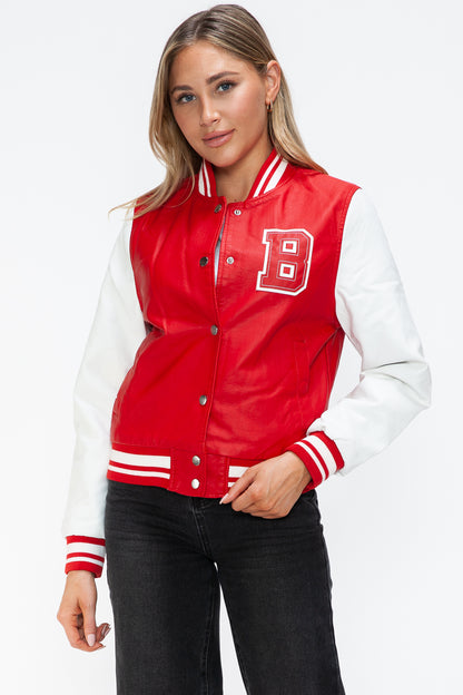 Women's PU Leather Contrast Snap Down Bomber Jacket