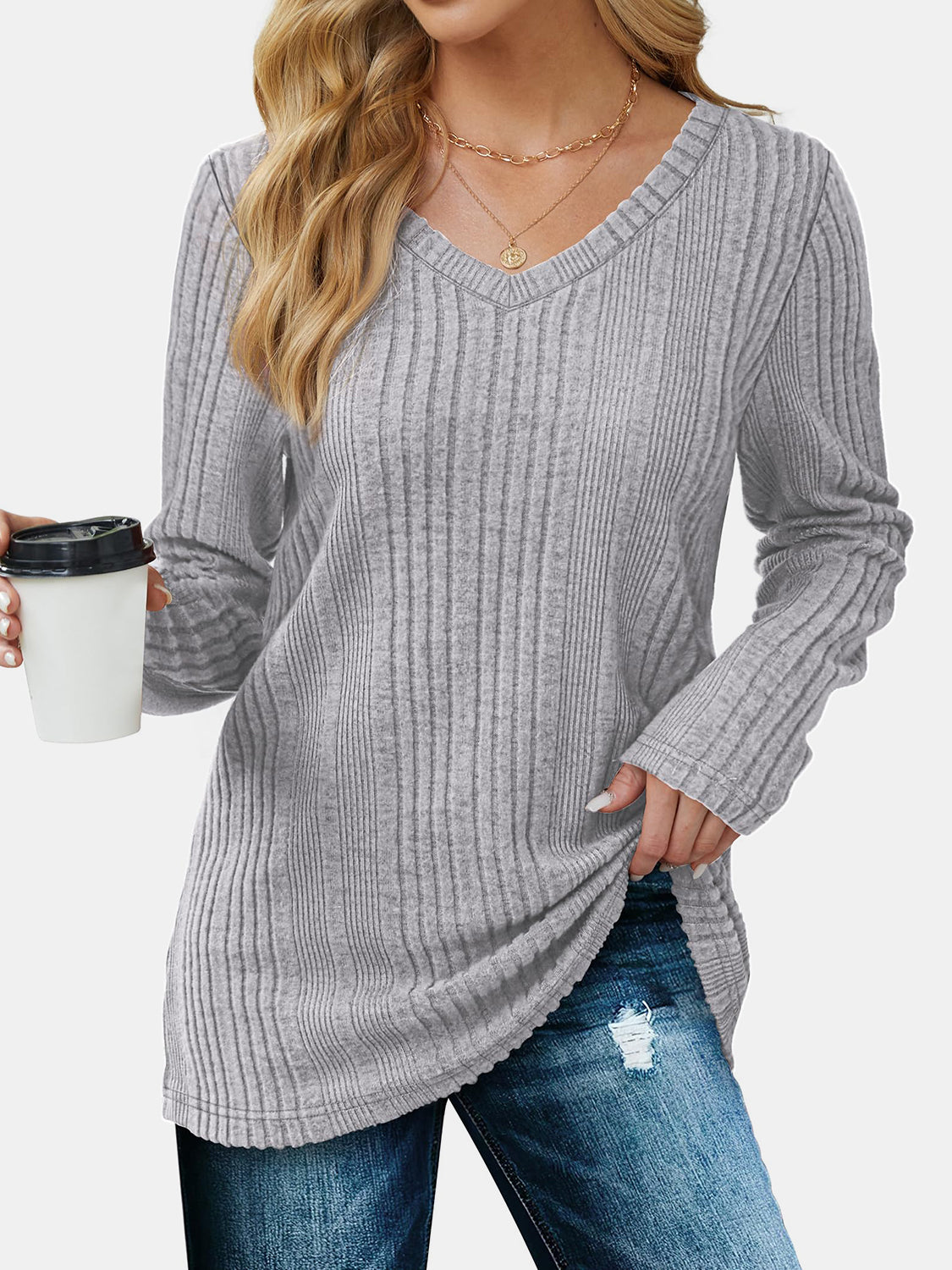 Women's Light V-Neck Long Sleeve Sweater Shirt