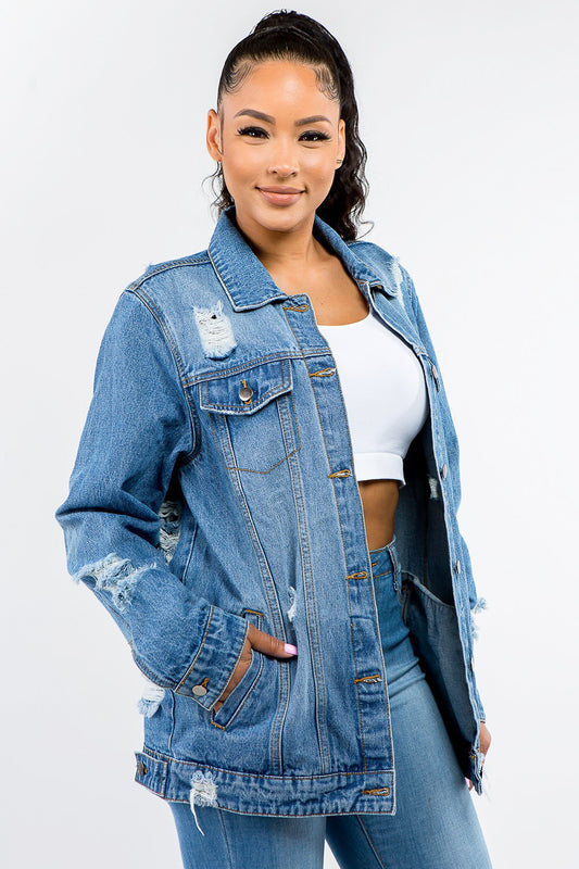 Women's Button Up Distressed Denim Jacket