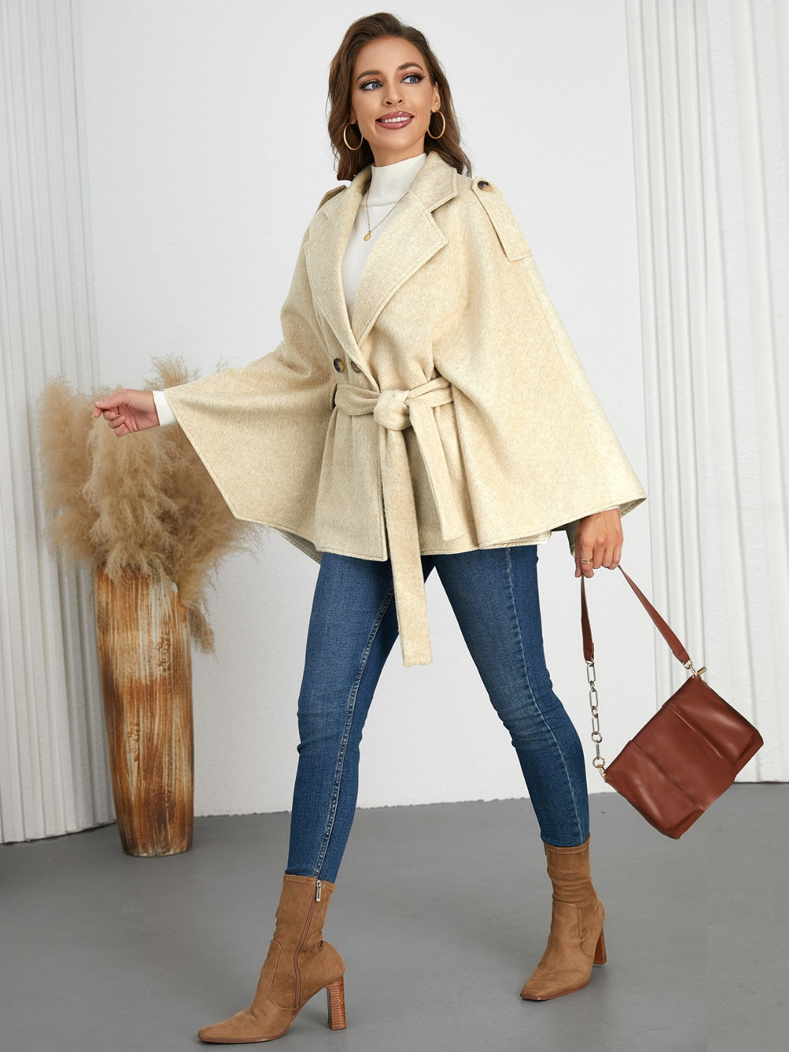 Women's Double-Breasted Tie Waist Poncho Jacket