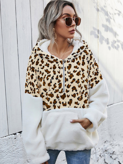 Women's  Leopard Half-Zip Dropped Shoulder Hoodie