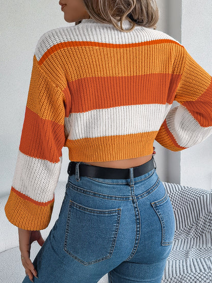 Women's Color Block Crew Neck Cropped Sweater