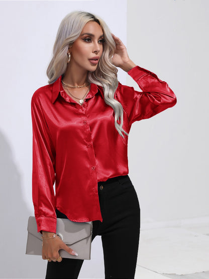 Women's Collared Neck Buttoned Long Sleeve Shirt