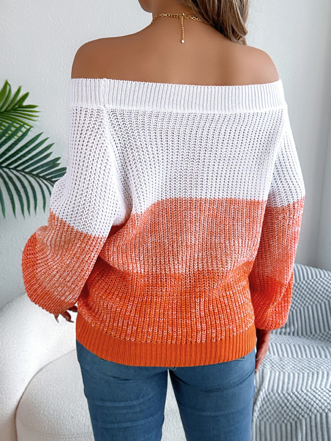 Women's Color Block Off-Shoulder Long Sleeve Sweater