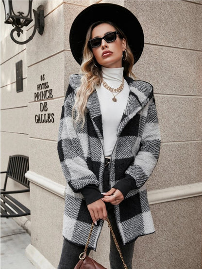 Women's Plaid Long Sleeve Hooded Coat