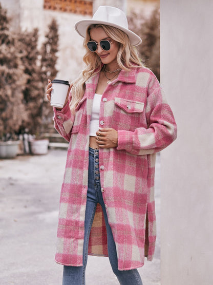 Women's Mandy Plaid Dropped Shoulder Slit Coat