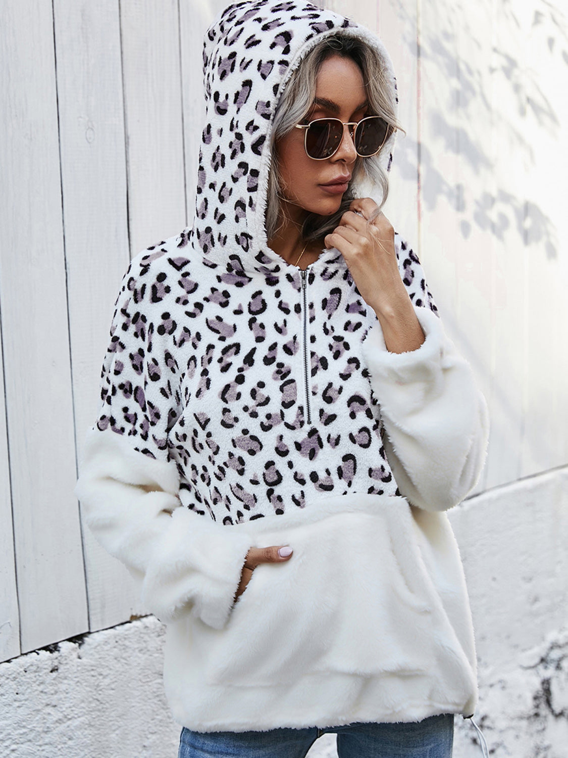 Women's  Leopard Half-Zip Dropped Shoulder Hoodie