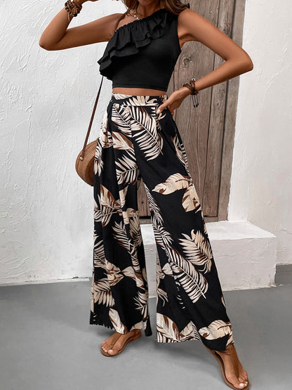 Women's  Ruffled Sleeveless Top and Printed Pants Set