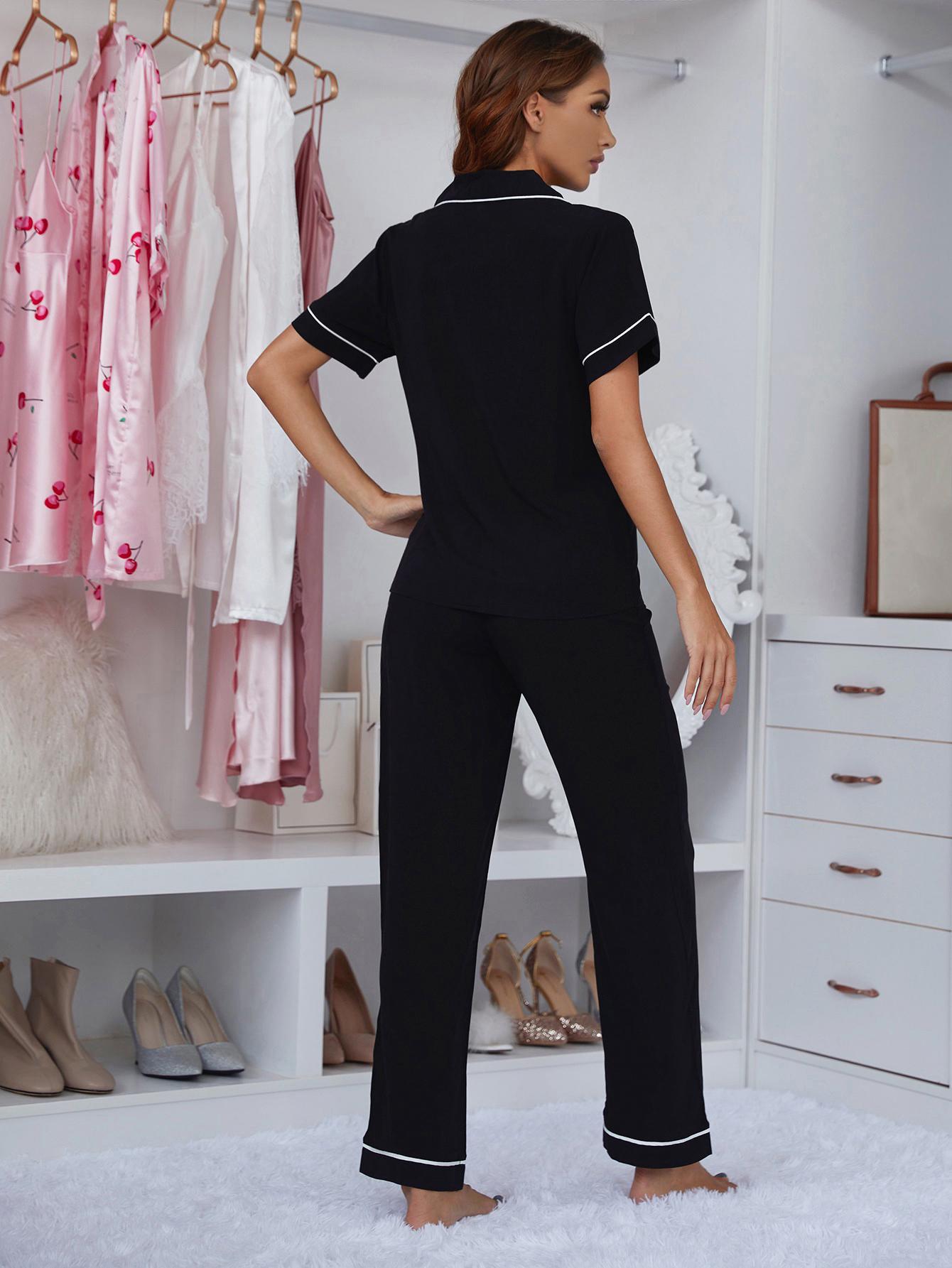 Women's Collar Short Sleeve Top and Pants Pajama Sleepwear Set